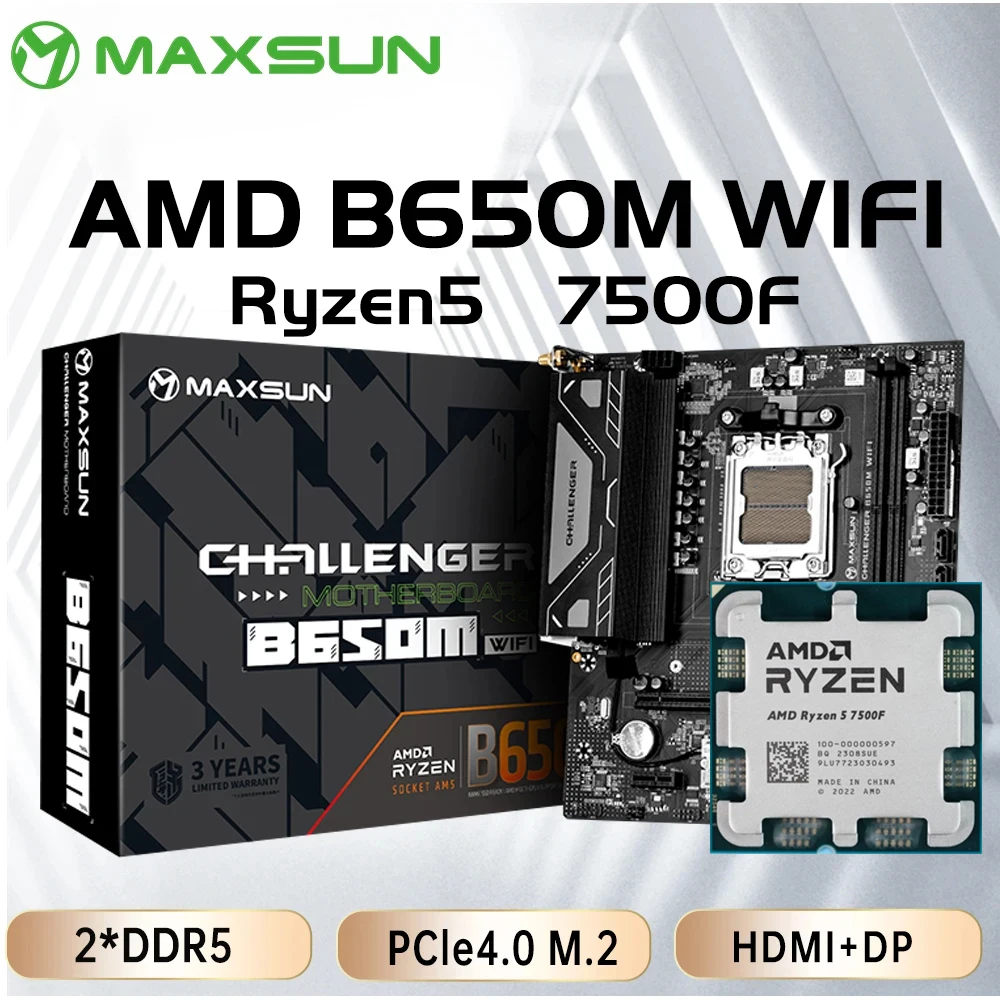 MAXSUN 마더보드 세트, 컴퓨터 구성 요소 B650 마더보드, B650M WiFi, AMD CPU Ryzen 5 7500F AM5 지지대 DDR5 M.2