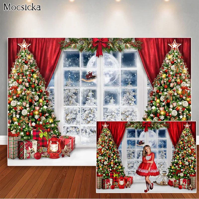 

Winter Windows Christmas Photography Backdrops Red Curtain Full Moon Photoshoot Xmas Tree Photo Props Kids Portrait Background