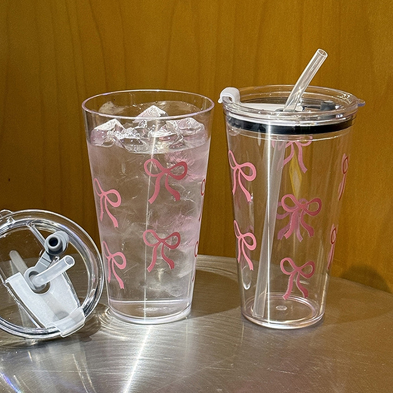 Chic Bow Printed 16.9oz Plastic Water Bottle With Straw And Lid Coffee Cup Travel Mug For Hot And Cold Drinks Outdoor Tableware