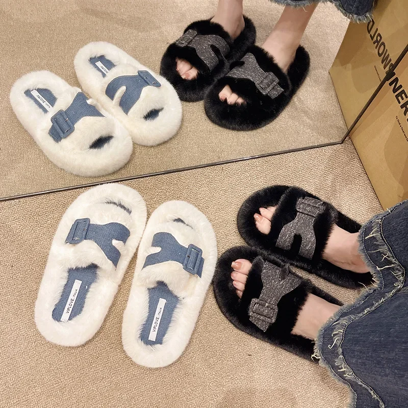

Женские меховые тапочки на высоком каблуке, зимняя обувь, новинка 2023, модные плюшевые теплые шлепанцы, мюли на платформе, хлопковые туфли-лодочки, женские ботинки