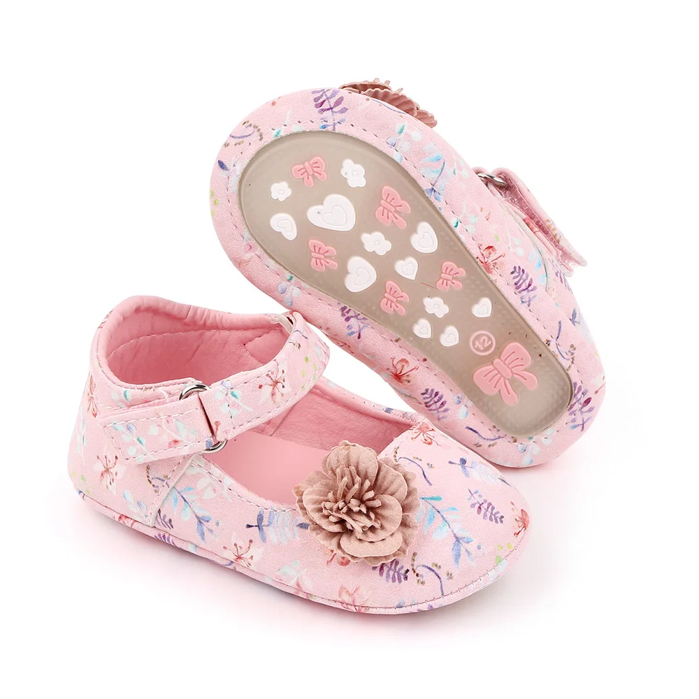 Baby Girl Shoes Mary Jane Flower Print Cute Bowknot Spring and Summer Sandal Soft PU and TPR Sole Anti-slip for 0-12M Baby