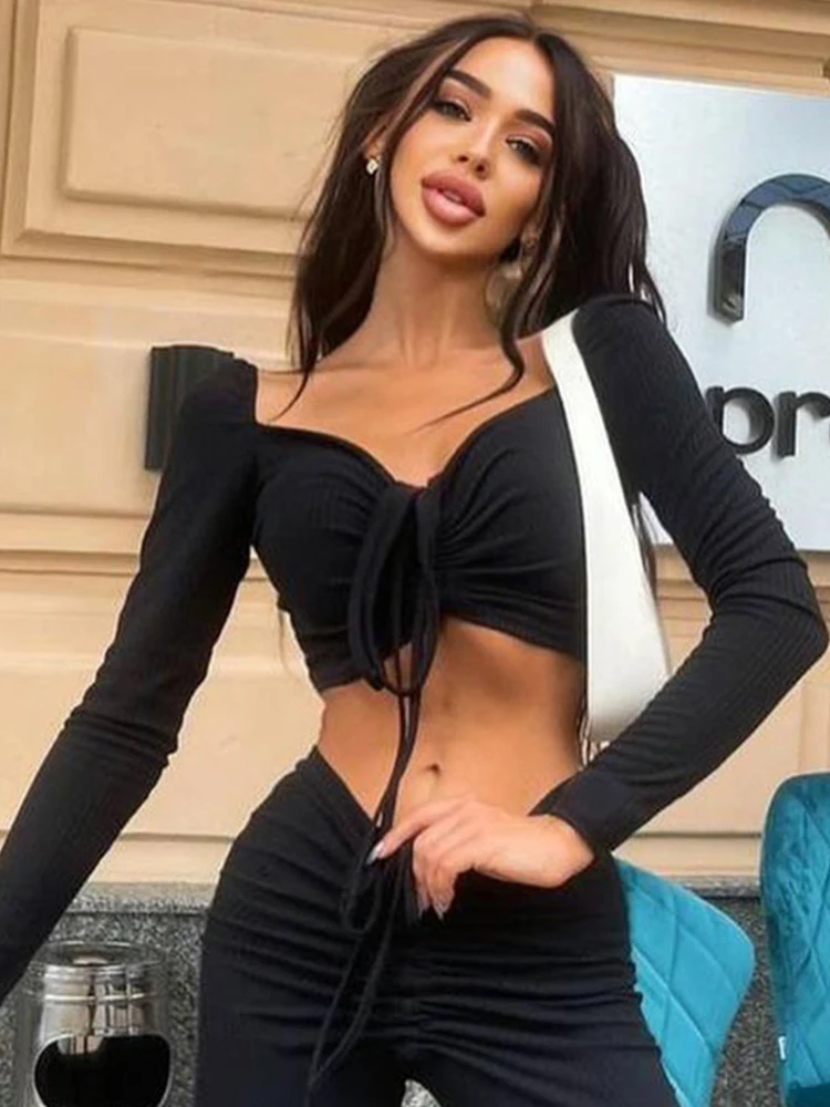 トップス AYUH Black Top Long Sleeve T Shirt Women Bodycon Crop Top Autumn