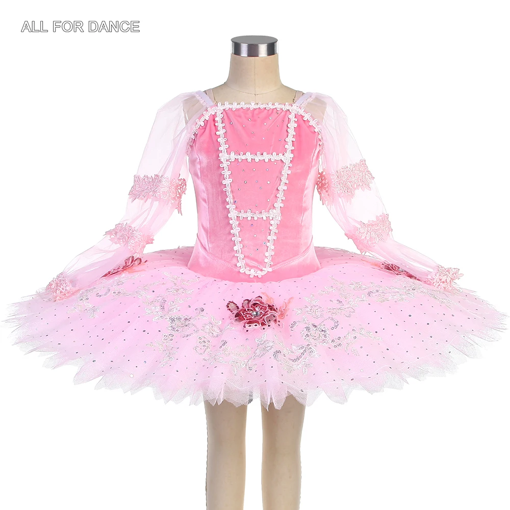 

BLL439 Girls Long Sleeves Pre-Professional Ballet Dance Ttutus Stretch Pink Velvet Bodice with 7 Layers Pleated Tulle Tutu Skirt