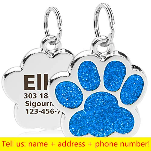 Personalized Engraving Pet Cat Name Tags Customized Dog ID Tag Collar Accessories Nameplate Anti-lost Pendant Metal Keyring Dog paw-Light Blue