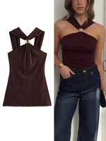 New Halter Tops Fashion Metal Decoration Crop Top Woman 2025 Sleeveless Hanging Collar Short Tops For Women Sexy Party Top