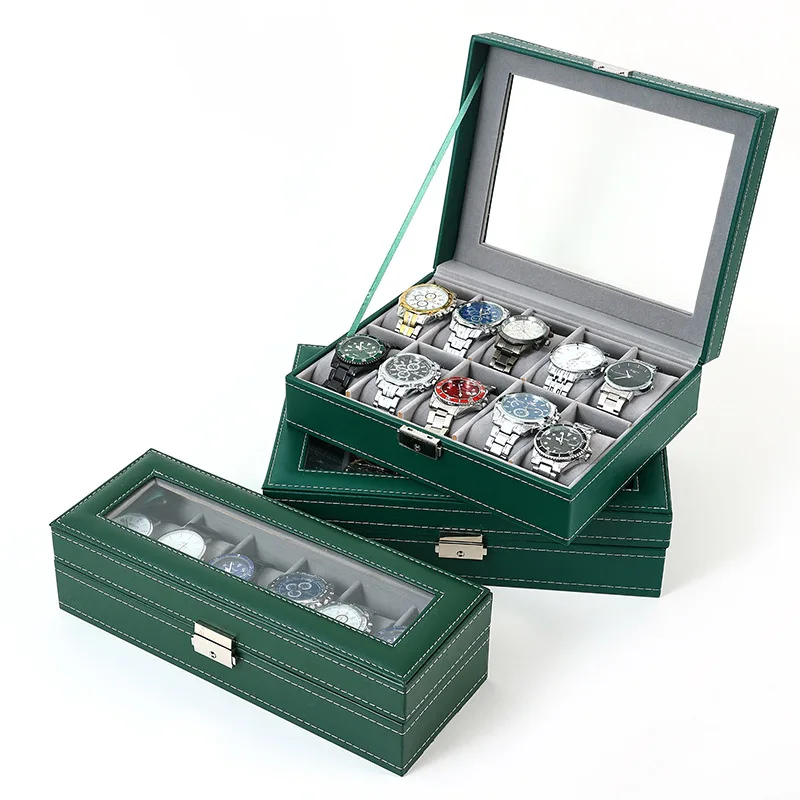 VANSIHO Fashionable Green/Beige/Grey Color 6/10/12 Slots PU Leather Jewelry Watch Box Dustproof Box For Watches Exhibition