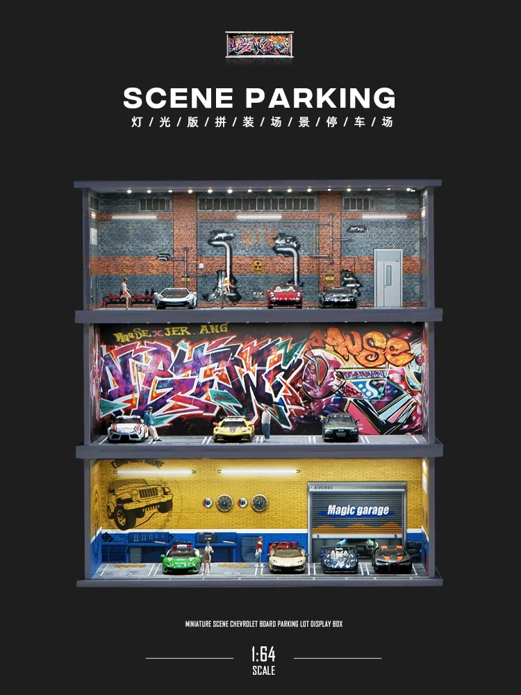 

Miniature Scene 1/64 Simulated Parking Lot Model Parking Space Model Display Frame PVC Assembly with Light Car Model Garage Toy