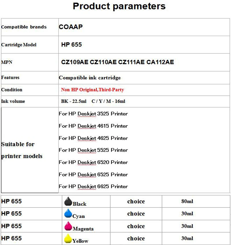 Description Picture 5 of itemCompatible HP 655 HP655 C M Y BK Ink Cartridge With Chip For HP Deskjet 3525 4615 4625 5525 6520 6525 6625 Printer