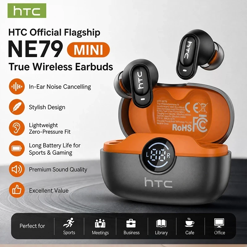 HTC NE79 Real Time Translation Earphone Bluetooth HiFi Music HD Call Noise Reduction Wireless Earbud LED Display With Mic