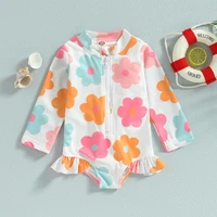Kids Baby Girl Swimsuits Summer Floral Long Sleeve Zipper Ruffles Jumpsuit Swimwear Beachwear Bathing Suits 2
