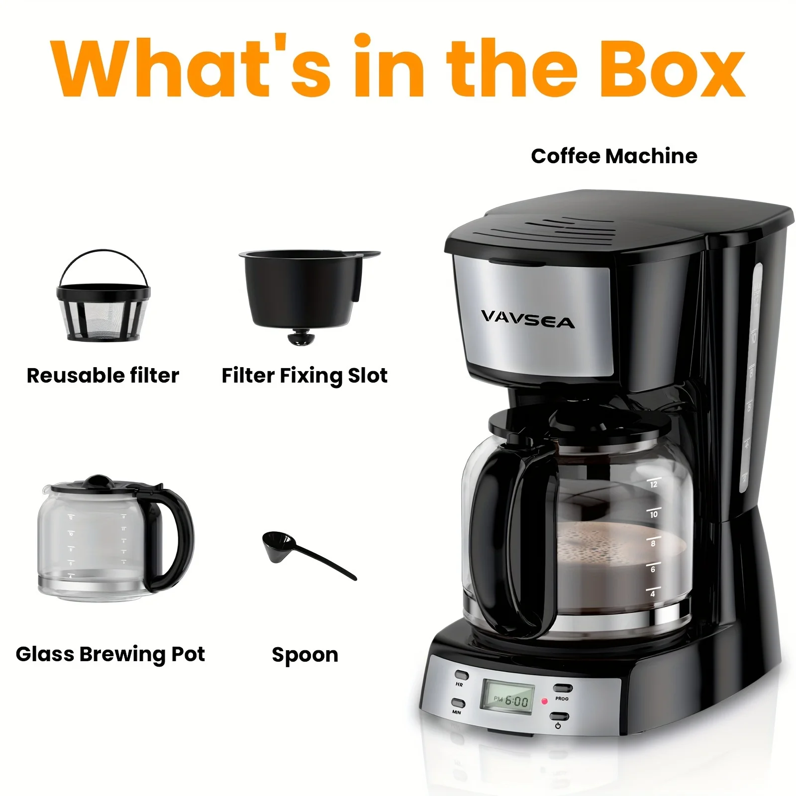 VAVSEA 12 Cup Programmable Coffee Maker, 900W Drip Coffeemaker with Glass Carafe, Auto Shut off, for Home Black 4