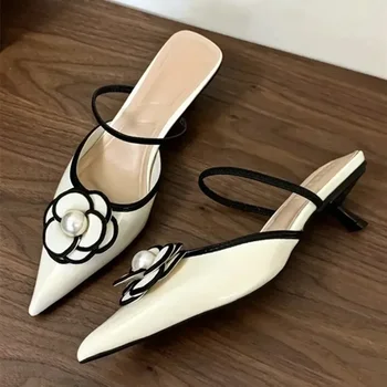 Flower Pointed Toe High Heels Women Luxury Designer Sandals Female Summer Elegant Fashion Pumps Woman Flower Mule Slippers Women