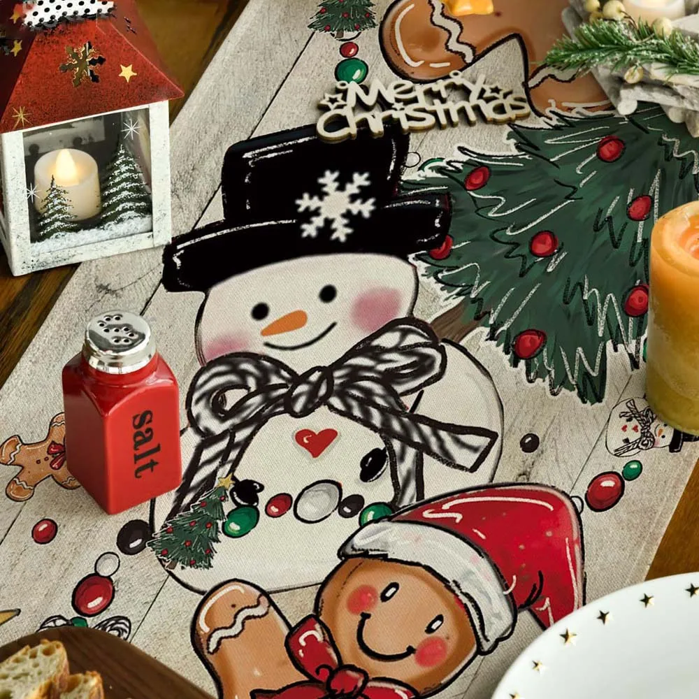 Description Picture 6 of item30x180cm Christmas Snowman Table Runner Reindeer Xmas Tree Print Table Mat Christmas Dining Table Decorations 2025 New Year Gift