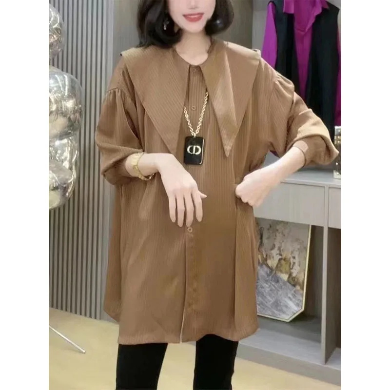 Women's Clothing 2023 Autumn and Winter New Fashion Spliced Button Doll Neck Long Sleeve Solid Color Oversize Commuter Shirt