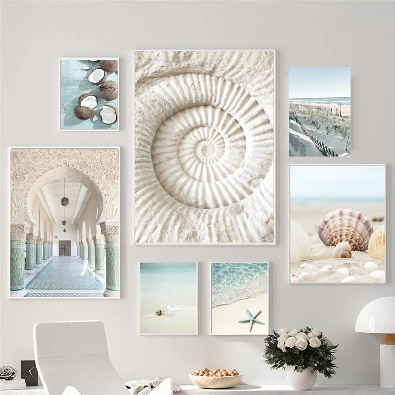 Summer Ocean Beach Poster Nordic Art Canvas Picture Shell Starfish Wave Travel Holiday Canvas Painting Living Room Bedroom Decor