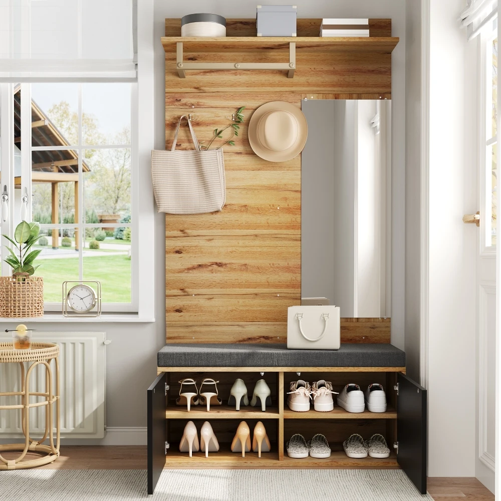 Kleiderschrank-Set, kompakter Kleiderschrank, Flurgarderobe mit Spiegel und Kissen, Kleiderschrankpaneele für Flur und Boden, 100 x 190 x 38 cm – Detail 8