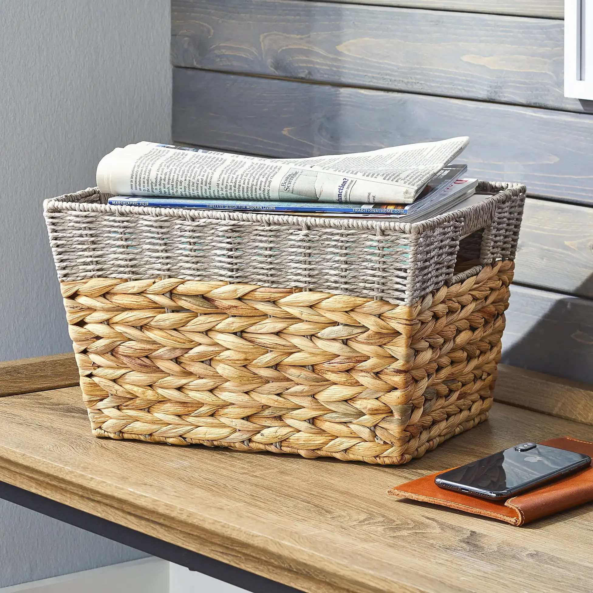 

Large Storage Basket with Handles, Gray and Natural， home organization and storage ， desk organiser