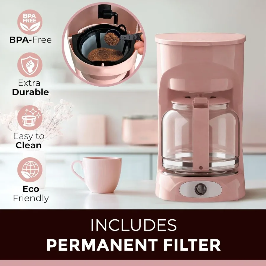 Pink coffee maker brewing fresh coffee