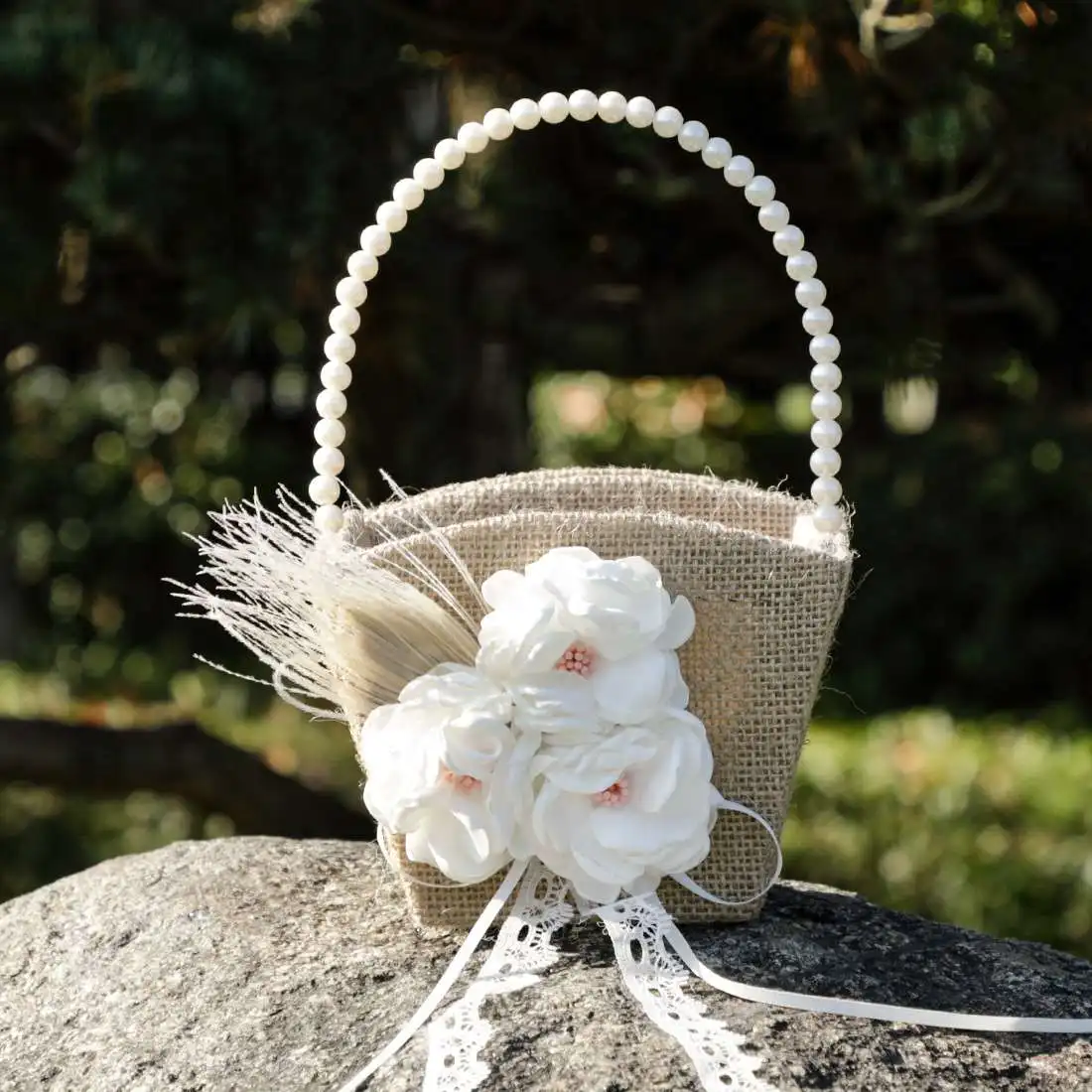 2 cestas de flores para niña con mango de perla, cestas de mimbre hechas a  mano con lazo de encaje, cestas decorativas rústicas de flores para