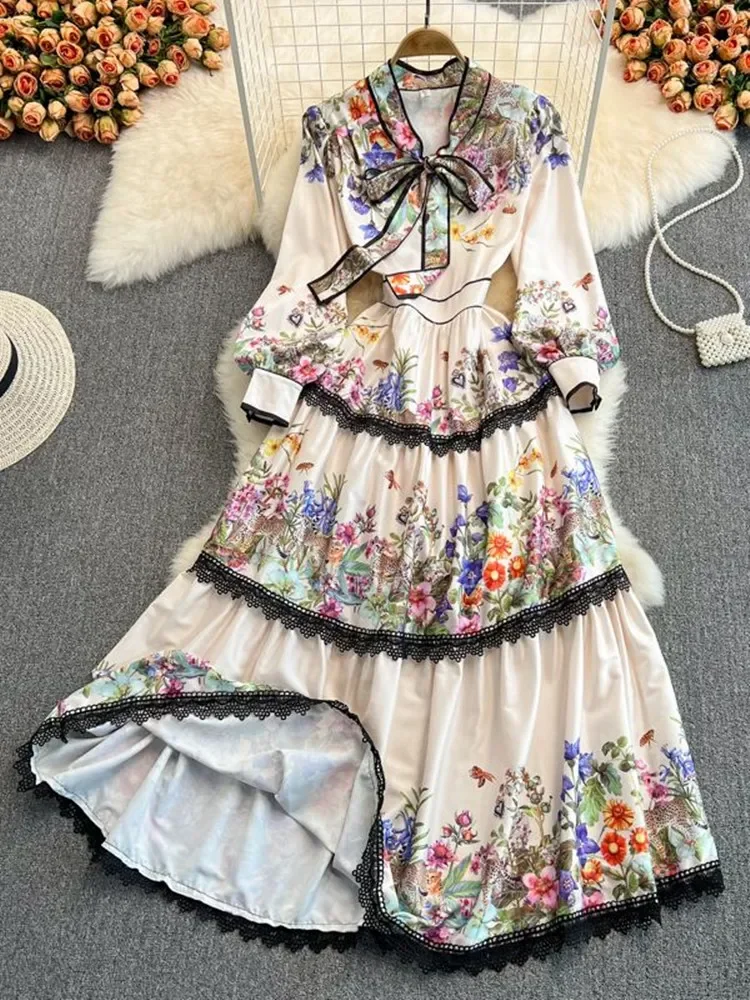 

Женское платье-макси с леопардовым принтом, длинным рукавом и воротником-бантом