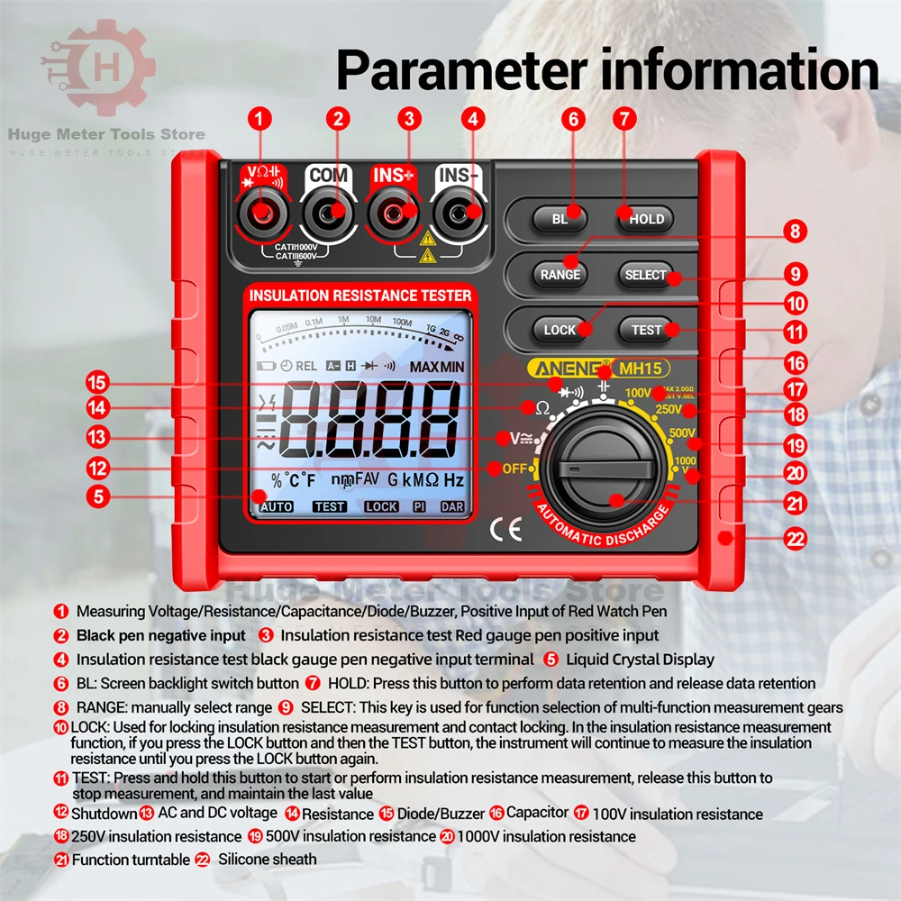 MH15 Multifunctional Digital Meter Insulation Resistance Automatic Discharge AC/DC Voltage Megohmmeter Tester Tools 6000 Counts