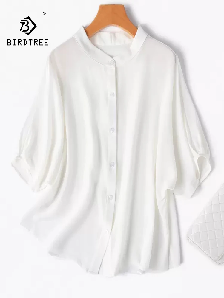 

Элегантная рубашка BirdTree из 76% натурального шелка, Женская однотонная блузка с коротким рукавом и отложным воротником, темпераментная Свободная блузка для работы, лето 2024, T46106QC
