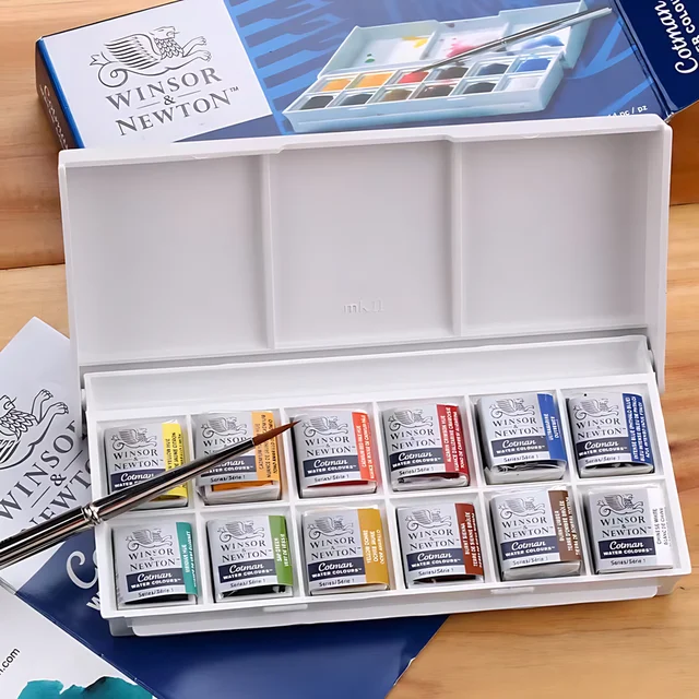Winsor&Newton Cotman Portable Travel 12 Color Solid Watercolor Paint Sketch Half Pan Palette Watercolor Brushes Art Supplies 1