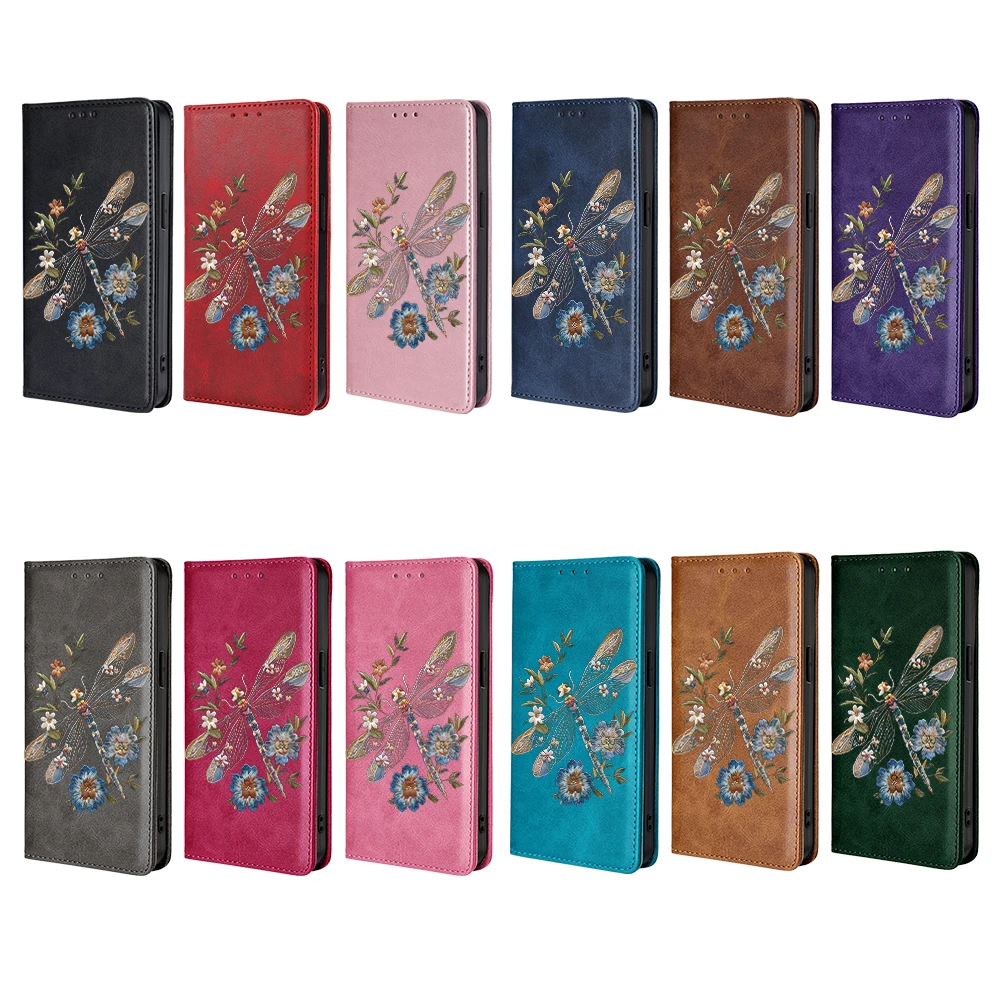 Dragonfly Flower Pattern Leather Flip Cover