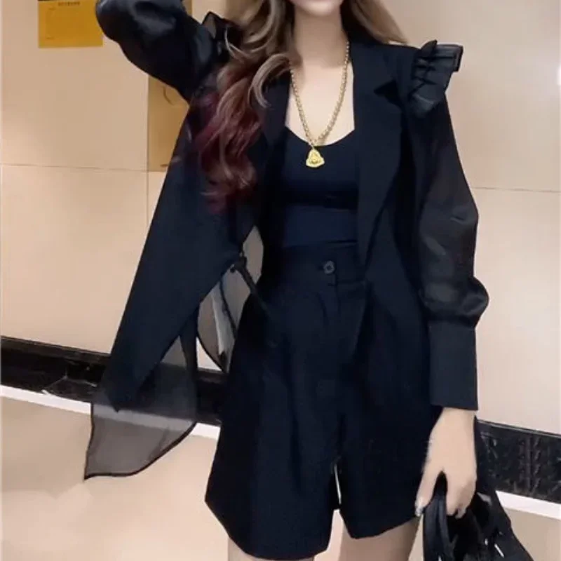 Internet Celebrity Elegant Fashion Suit Women's Western Style Mesh Casual Ruffled Suit Jacket Wide Leg Shorts Two-piece Set Fash