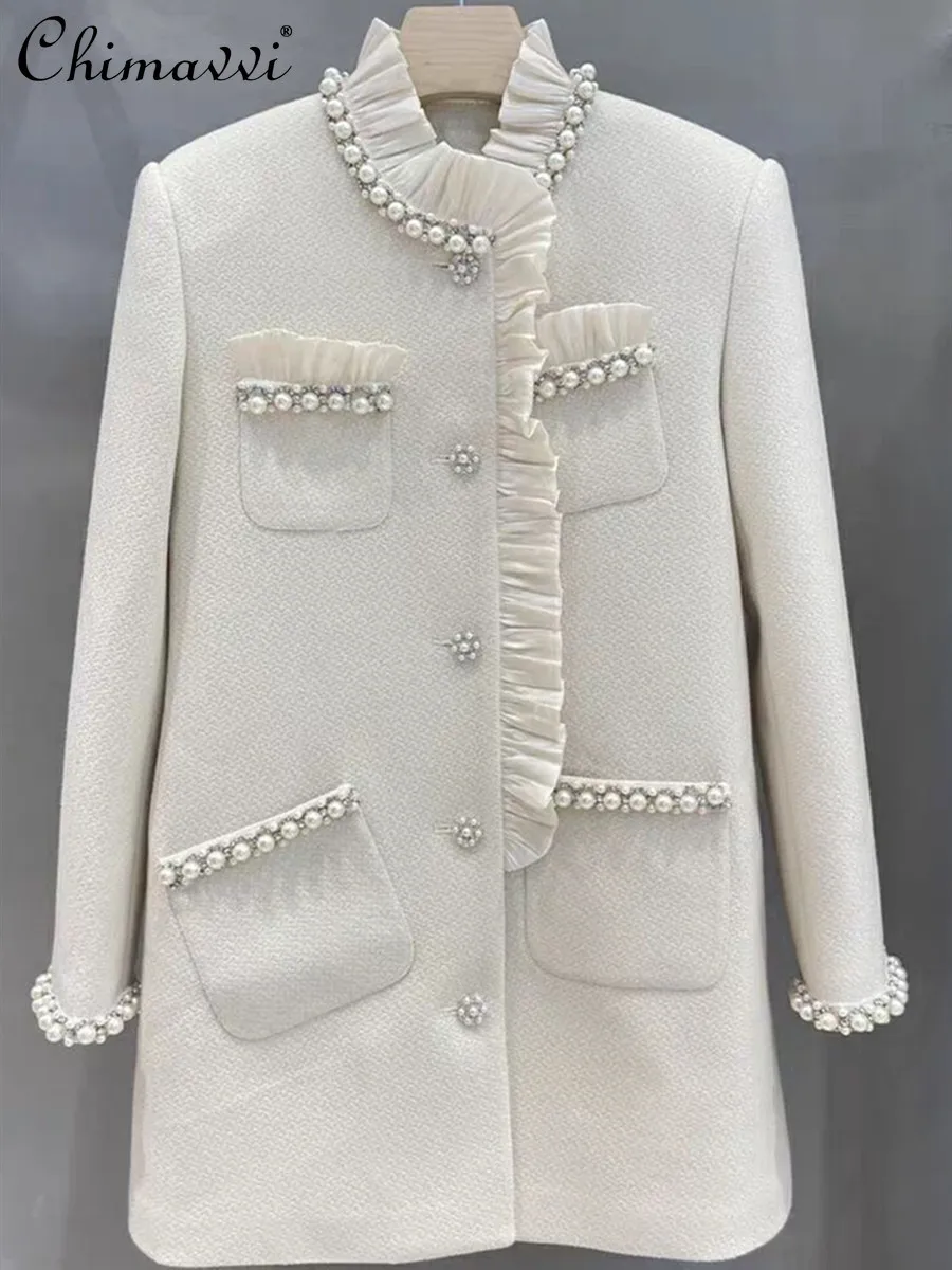 

European 2024 Winter New Fashion Heavy Pearl Beading Lotus Leaf Side Clip Cotton Jacket Loose Long Sleeve Elegant Coat Women