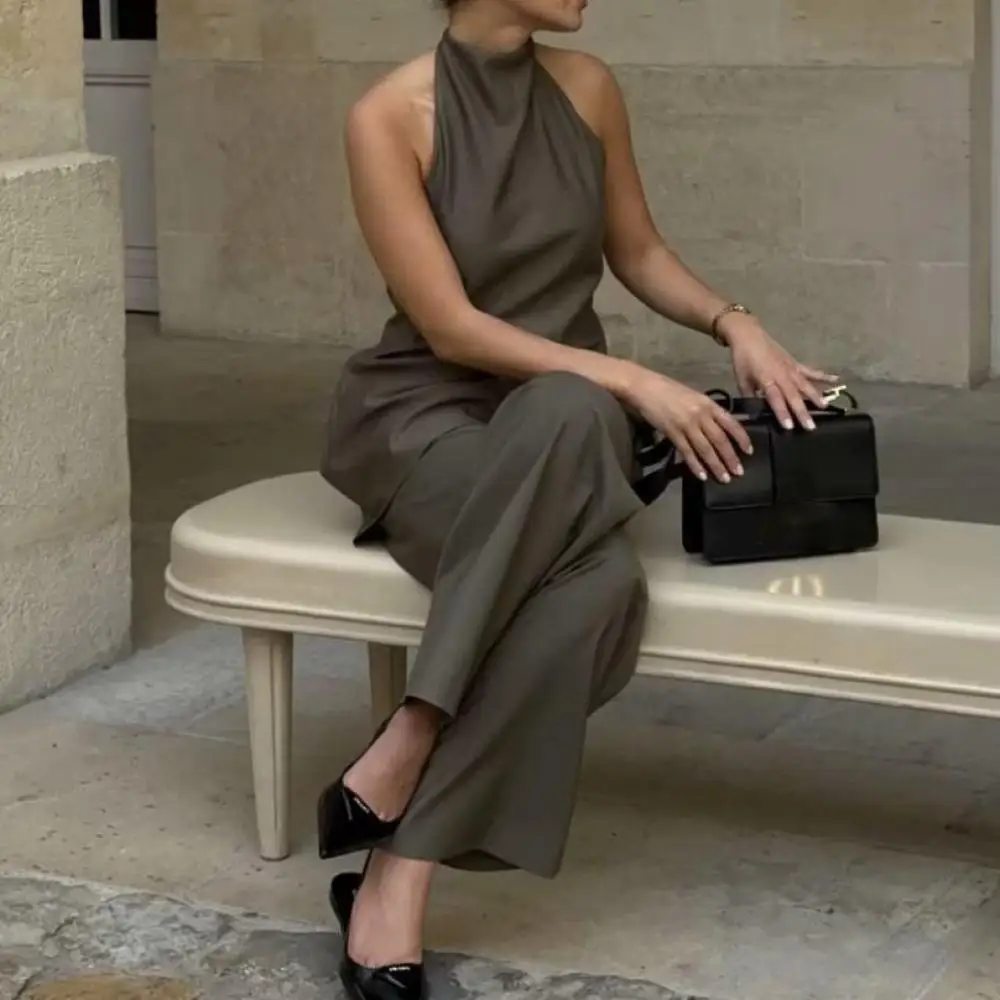 

Женский комплект из 2 предметов, модный Асимметричный топ с лямкой на шее, жилет, длинные брюки с завязкой, женский костюм, брюки с широкими штанинами, женская одежда