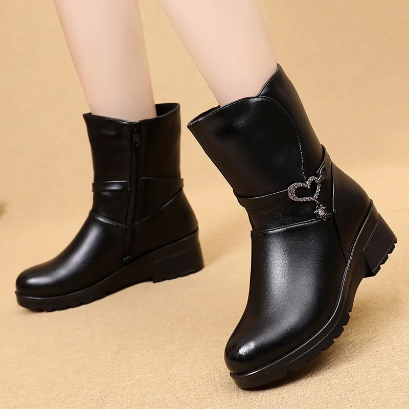 Winter Fashion Genuine Leather Women Mid Calf Boots Casual Round Toe Zipper Plush Warm Female Shoes Lady Non-slip Snow Boots