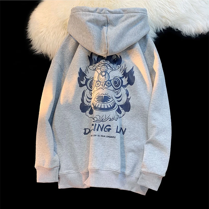 Autumn Winter New Streetwear Lion Printing Loose Casual Hoodies Male Harajuku Y2K Add Velvet Fashion Hooded Top Women Pullovers patchwork color casual clothing men s hooded 2 piece set autumn winter pullover trousers sets male sport hoodies suit