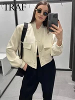 TRAF Vintage Solid Long Sleeve Bomber Jacket Spring Women Casual Coats Streetwear 2023 Female Elegant Lapel Zipper Jakcet - Image 2