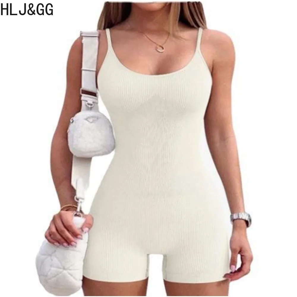 

HLJ&GG Summer Solid Color Ribber Bodycon Romper Women Suspenders Sleeveless Slim Jumpsuit Casual Female Sporty One Piece Overall