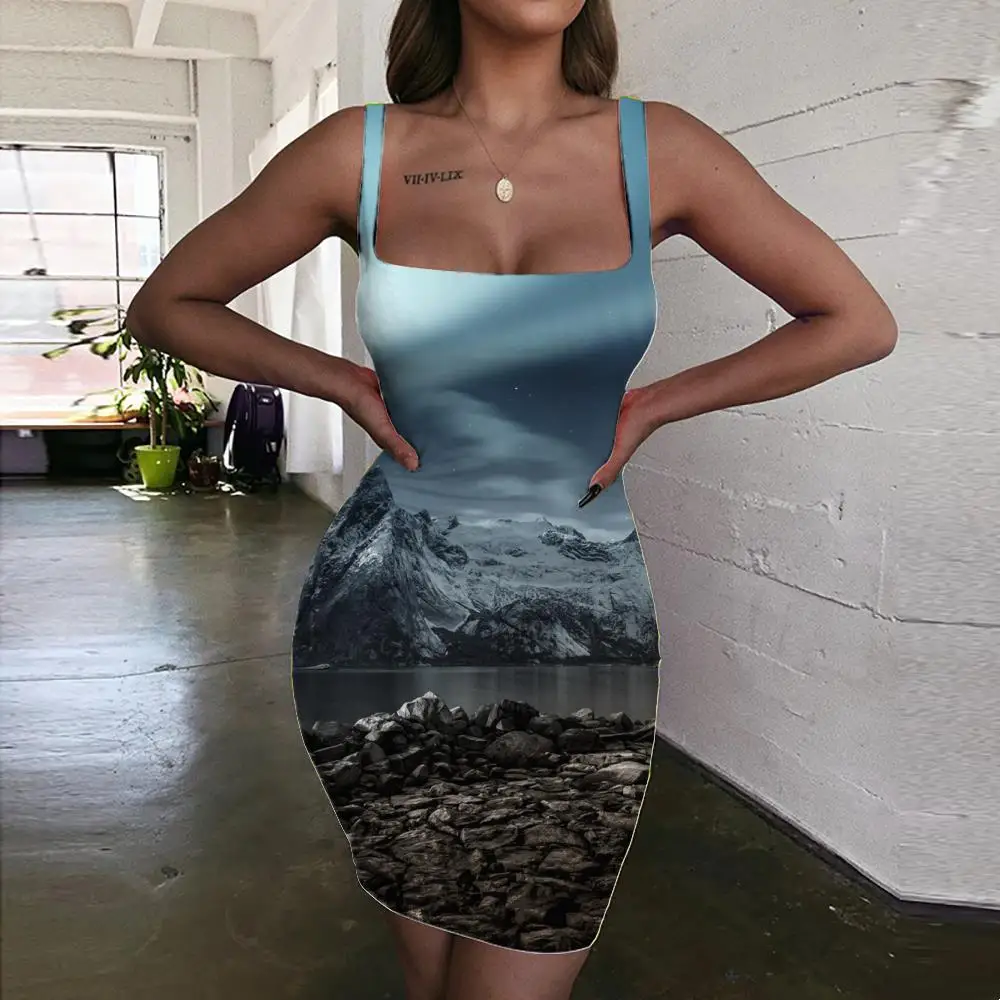 

KYKU Aurora Dresses Women Northern Lights Vestido Sexy Stone Halter Sleeveless Mountain 3d Print Snow Ladies Dresses