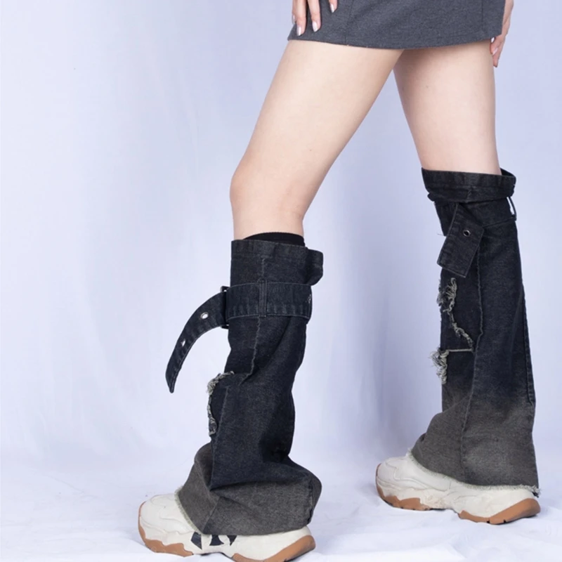 Women  Denims Leg Warmers Girls 80s Harajuku Punk Knee High Leg Socks Preppy Stockings Gothic Clothes Y2K Streetwear