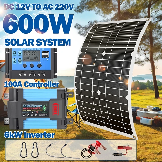 Kit onduleur solaire 6000W 12V vers 220V, système d'alimentation solaire complet incluant panneau solaire 30A et contrôleur de charge de batterie intelligent 1