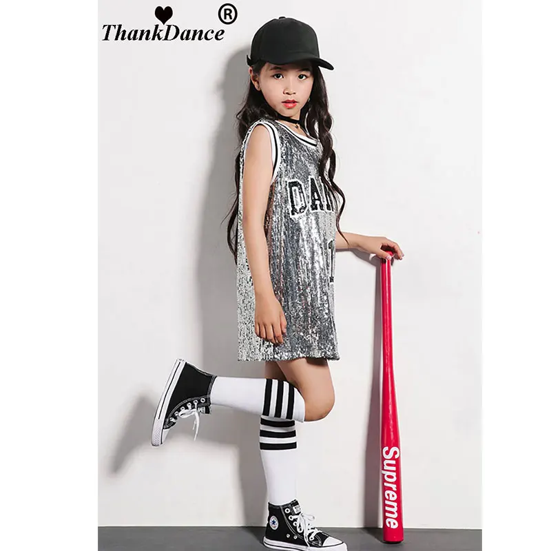 Girls Hip Hop Dance Costume Sequins Glitter Tank Top with Socks For Stage Performance 5-12 Years