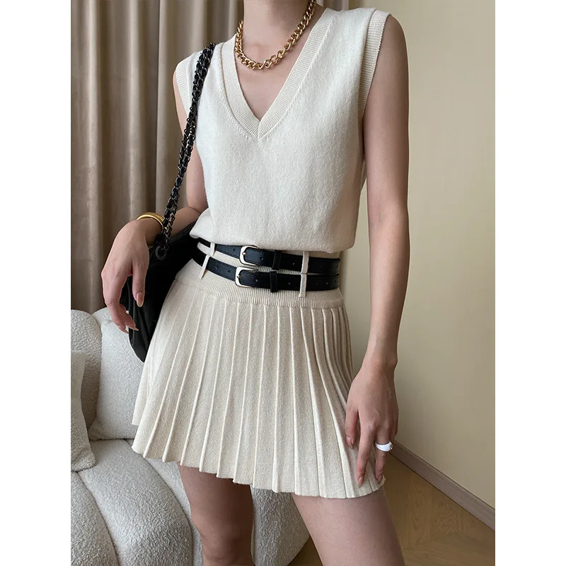 Autumn Knitted V Neck Vest Top+ Basic Pleated Skirt Set Two-piece Suit with Belt Casual Fashion Sleeveless Wool Women Suit 1462 2020 new men clothes sleeveless sweater vest men wool sweaters slim fit jumpers knit v neck jersey hombre свитер pullover men