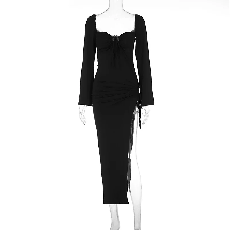 Autumn/Winter Women's New Long Sleeve Dress Lace up Slim Fit Open Back Bodycon Long Dress Party Club Clothing