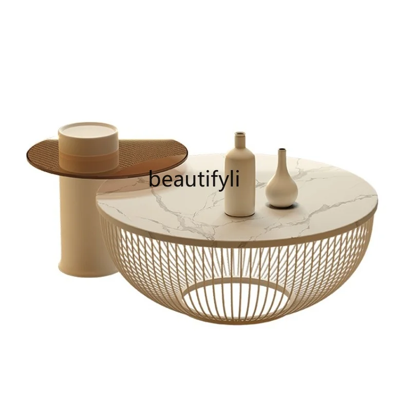 

zq French Coffee Table Living Room Home Stone Plate Glass High-End Elegant Cream Style