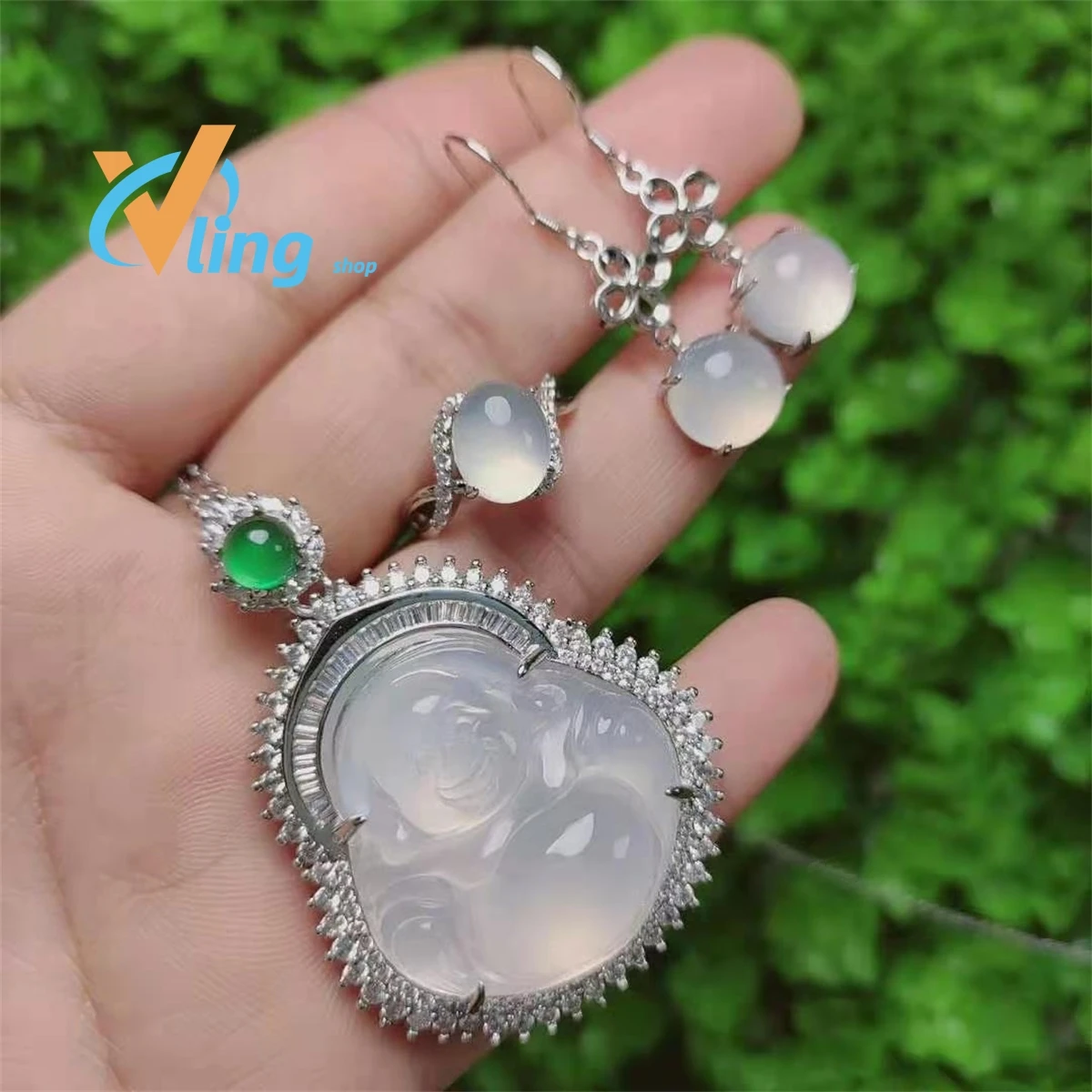 Fashion S925 Silver Inlaid High Ice White Jade Pith Buddha Pendant Ring Earrings Three Piece Set Gift Charm Retro Jewelry