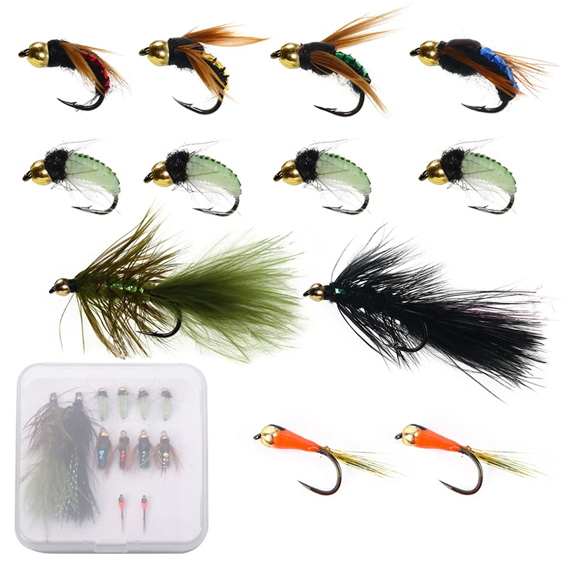 12PcsPremiumHandtiedFlyFishingFliesAssortmentDryWetFliesScudNymphsStreamersFlies