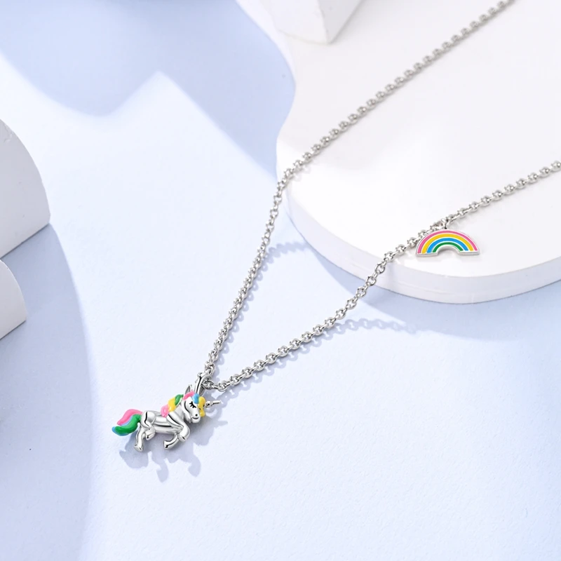 Colorful Plata De Ley 925 Sterling Silver Unicorn Rainbow Lucky Necklaces Overlap Pendant For Women Wedding Jewelry Gift pendant necklace,silver necklace,silver necklace charms