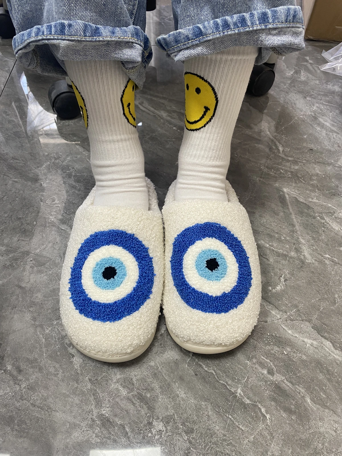 AD Best Selling Blue Evil Eyes Fashion Pattern Retro Nice Cute Soft Warm Winter Slippers For Unisex 5