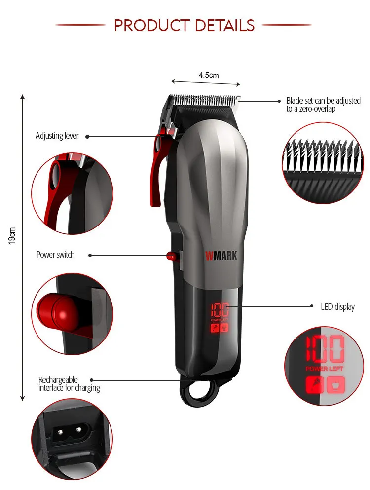 WMARK 전기 푸셔 NG-115, 고온 충전, 헤어 클리퍼, 7000 rpm