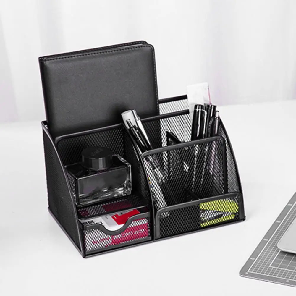 Pen Holder Office Desktop Storage Box Metal Mesh Square Divided Container with Multiple Compartments