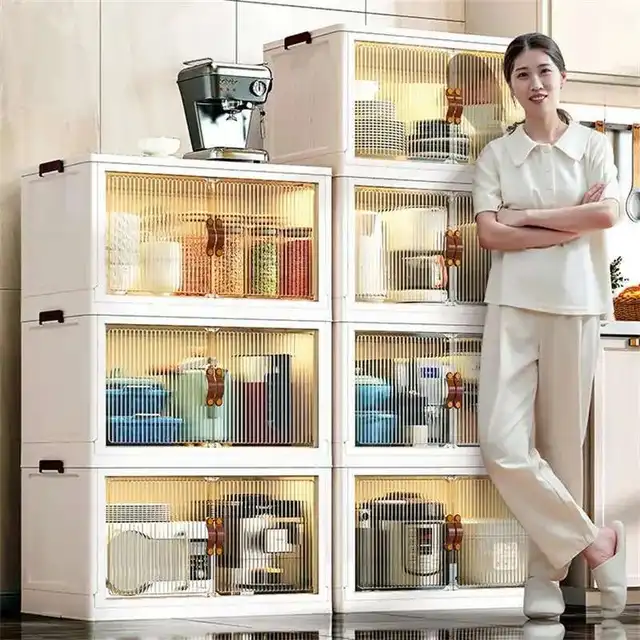 มัลติฟังก์ชั่พลาสติกตู้ครัวเฟอร์นิเจอร์ชั้น Multi-Layer ตู้ห้องนั่งเล่นที่เรียบง่ายกล่องเก็บของพับได้ 2