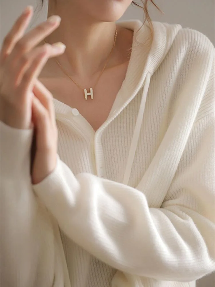 

White Solid Color Hooded Sweater Women's 2022 Spring and Autumn New Style Lazy Top Thin V-Neck Sweater Sweater